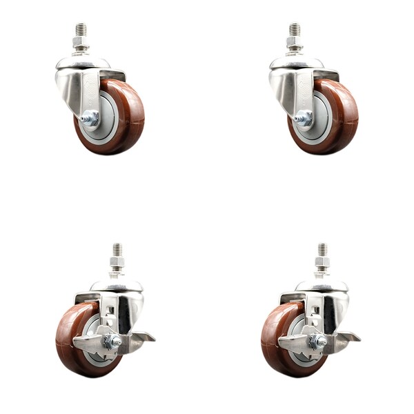 Service Caster 3.5 Inch 316SS Maroon Polyurethane 1/2 Inch Threaded Stem Caster Brakes SCC, 2PK SS316TS20S3514-PPUB-MRN-121315-2TLB2 - main